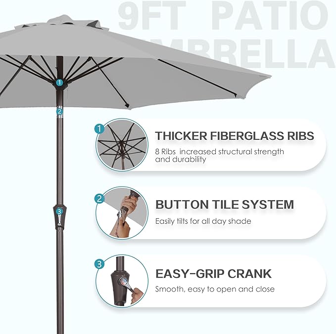 PatioKingdom 9FT Patio Outdoor Umbrella-UPF 50+ Sun Shade with Wind Vent, Push-Button Tilt & Smooth Crank Lift, Rust-Resistant Fiberglass Frame for Garden, Backyard,Yard (Light Gray, 9FT)