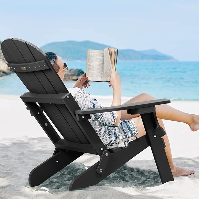 Folding Adirondack Chair, All Weather Resistant Plastic Chairs with Cup Holder, Fold or Unfold Easily in 1 Second, Outdoor Chairs for Patio, Garden, Backyard Deck, Lawn Fire Pit(Black)