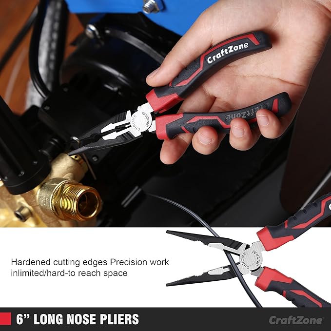 5-Piece Pliers & Wrench Set - Ideal Gift for Mechanics - Construction - Plumbing - Includes 6" Long Nose & Diagonal Pliers - 8" Adjustable & Combo Wrench - 10" Groove Joint Plier