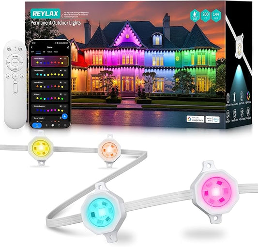 REYLAX Permanent Outdoor Lights Pro 200ft, 144 Triple-LED 135lm, RGB+IC Smart Eaves Christmas Lights for House, IP67 Waterproof, DIY Multi Scenes for Outdoor Decor, Works with Alexa Google APP Remote