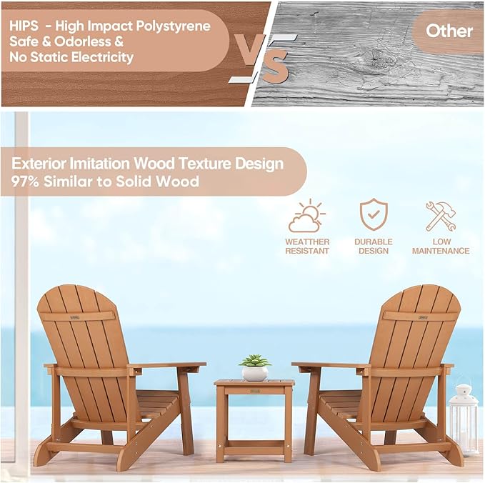 Adirondack Chair, All Weather Resistant Plastic Chairs with Cup Holder, 5 Easy Steps to Install, Outdoor Chairs for Patio, Garden, Backyard Deck, Lawn, Fire Pit - Teak