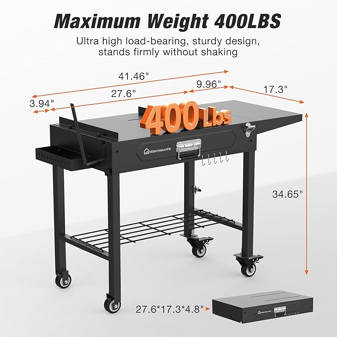 WARMOUNTS Foldable Grill Cart Outdoor with Wheels, Portable Outdoor Grill Table with Storage, Movable Stand Fits 17''/22'' Tabletop Grill, 400 Lbs Weight, for Camping, BBQ