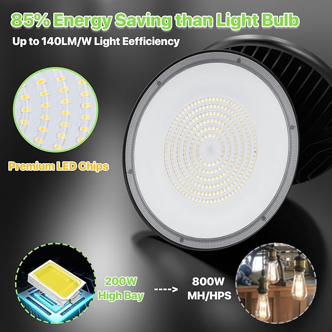 Glitgate LED High Bay Light 200W, 28000LM 5000K UFO High Bay LED Light with US Plug, Hanging Hook, IP65 Waterproof Commercial Bay Lighting for Barn, Warehouse, Factory ETL Listed