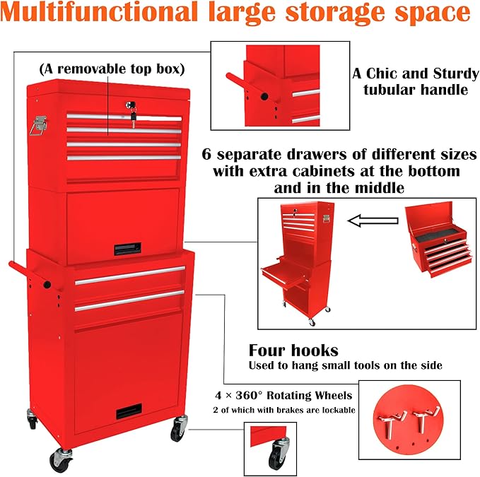 6 Drawers Rolling Tool Box Organizer,2 Tier High Capacity Tool Chest with Wheels,Lockable Rolling Tool Chest with 2 Cabinet,Detachable Tool Box Workshop Storage Cabinet (2 Tier-6 Drawers(Red))