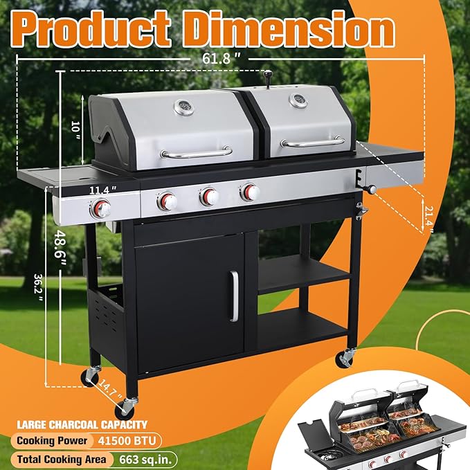 CIG GARDEN 3 Burner Propane Gas and Charcoal Grill Combo with Side Burner,Dual Fuel BBQ Grill with Cast Iron Griddle,41,500 BTU Output Perfect for Outdoor Cooking, Balcony, Backyard,Camping