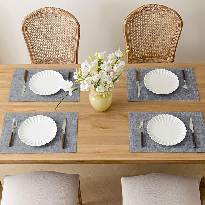 Placemats Set of 8, Bilayer Thickened Linen Place Mats Heat Resistant Machine Washable Wrinkle Free Carefully Selected Polyester Mats for Kitchen/Dining/Coffee Table (Light Grey)