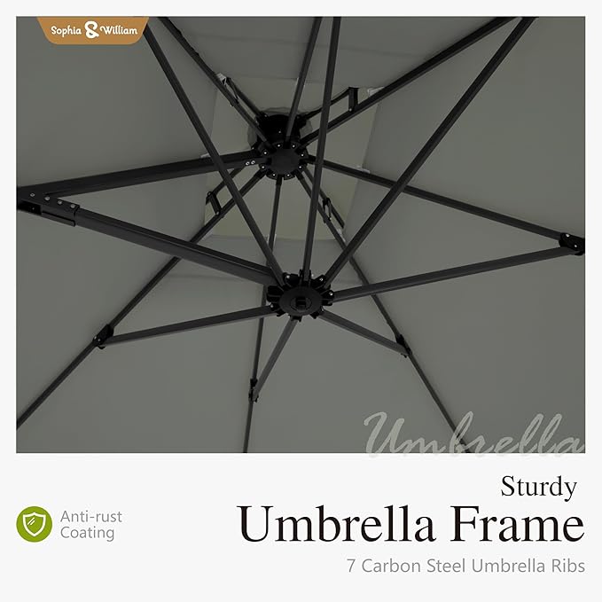 Sophia & William Cantilever Patio Umbrella 10ft, Offset Large Square Outdoor Umbrellas with 360-degree Rotation, Heavy Duty Windproof for Garden Pool Backyard, Grey (no base)