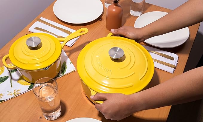 Larder & Vine 5-Piece Enameled Cast Iron Cookware Set - Includes 5.7 Quart Dutch Oven with Lid, 10.25 Inch Skillet, 2.2 Quart Saucepan with Lid (Limoncello)