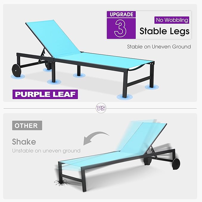PURPLE LEAF Outdoor Chaise Lounge Chairs Set Recliner Aluminum Adjustable Chair with Wheels and Table for Poolside Beach Patio Reclining Sunbathing Lounger, Blue