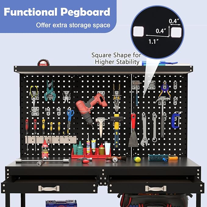Goplus Workbench with Drawers, 48" x 24" Work Table with Pegboard, Storage, 4 Shelves, 24 Hanging Accessories, 506 LBS Capacity, Heavy-Duty Metal Tool Work Bench for Garage, Workshop