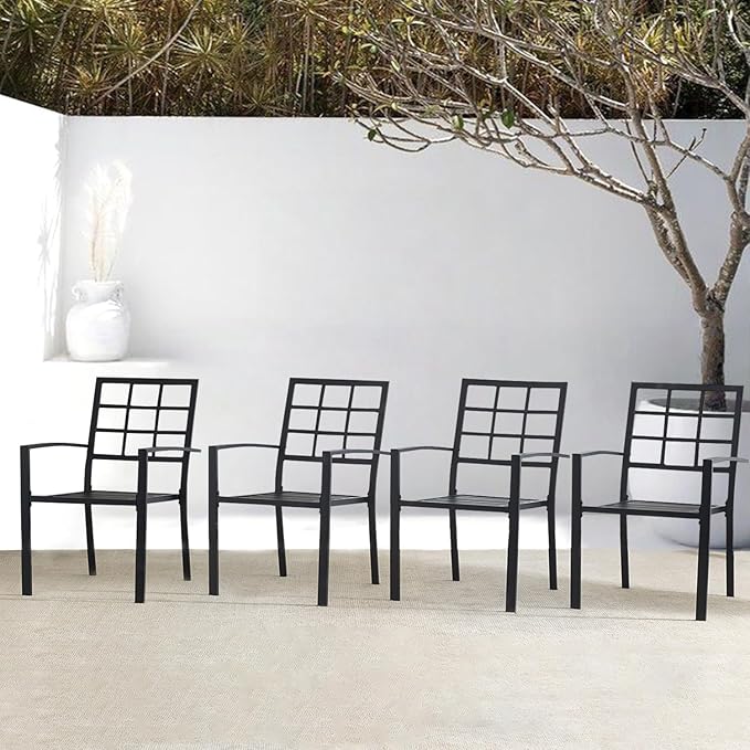 Outdoor Dining Chairs Set of 4, Metal Frame Stackable Patio Dining Chairs with Armrest, Wrought Iron Patio Bistro Chairs for Lawn, Backyard, Garden, Porch