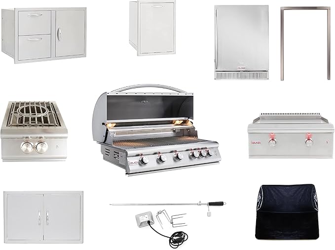 BLAZE BBQ Outdoor Grill Package 2 of 40” LTE Built-in Propane Gas Grill, LTE Gas Griddle, Power Burner, 32” Door & Two Drawers Combo, Trash Drawer, Double Access Door, Refrigerator, and Accessories