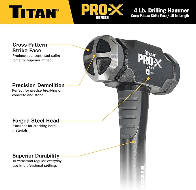 Titan Pro-X 63704 4lb Drilling Hammer, Dual-Face Sledge with Cross-Pattern Face for Concentrated Power & Flat Face for Stake Driving, Overstrike Protection, 15" Fiberglass Handle with Textured Grip