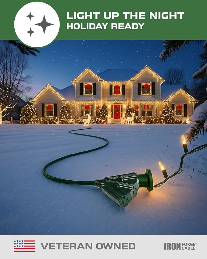 Iron Forge Cable 15ft Green Outdoor Extension Cord with 3 Outlets - 16/3 SJTW 15ft Extension Cord 3 Prong, 13 Amp All-Weather Heavy Duty Power Cable