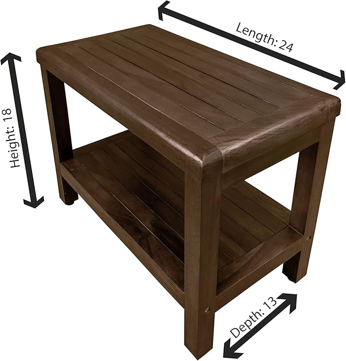 DecoTeak Eleganto 24 Inch Brown Waterproof Teak Wood Shower Bench Stool Seat Chair for Inside Shower Storage Shelf Provides Safety, Storage, and Organization for Bathroom Accessories