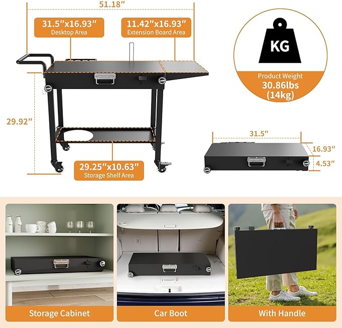 Portable Grill Cart for Blackstone Griddle, 440lb Foldable Outdoor Grill Table with Wheels for Ninja, 31" W x 17" D Blackstone Griddle Stand with Caddy Fit 17” or 22”, Black