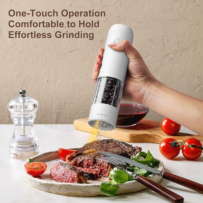 Ultrean Pepper Grinder, Rechargeable Salt and Pepper Grinder with 6 Adjustable Coarseness, LED Light, One-Hand Automatic Operation, White