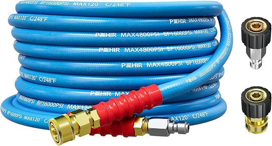 POHIR 25ft Pressure Washer Hose 3/8" 4800 PSI, No Marking Kink Free Hose with Quick Connect Ends and Adapters for Hot & Cold Water up to 248°F, Steel Wire Braided Hose for Power Washing