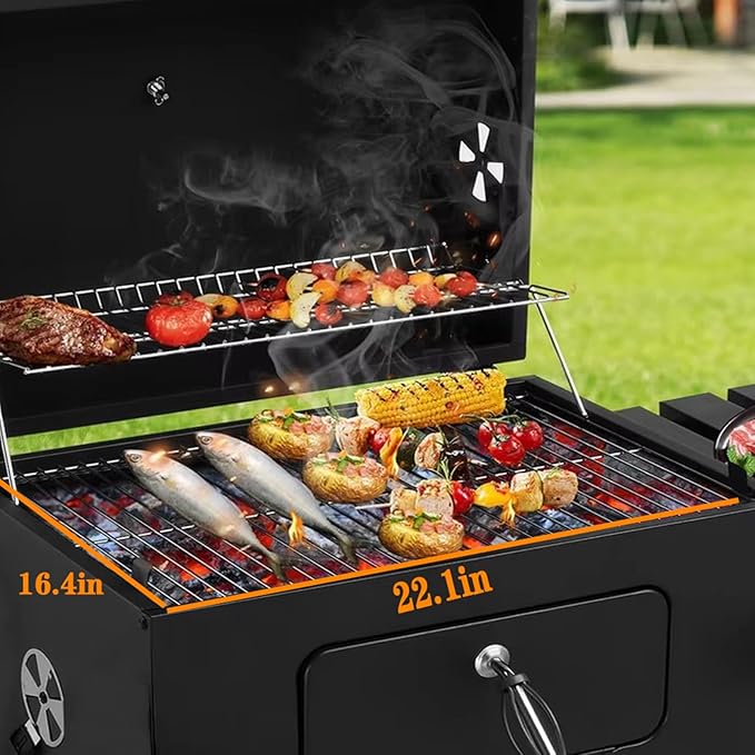 Charcoal BBQ Grills, Outdoor Barbecue Grill with Adjustable Charcoal Tray & Foldable Side Table for Outdoor Patio, Garden and Backyard Grilling