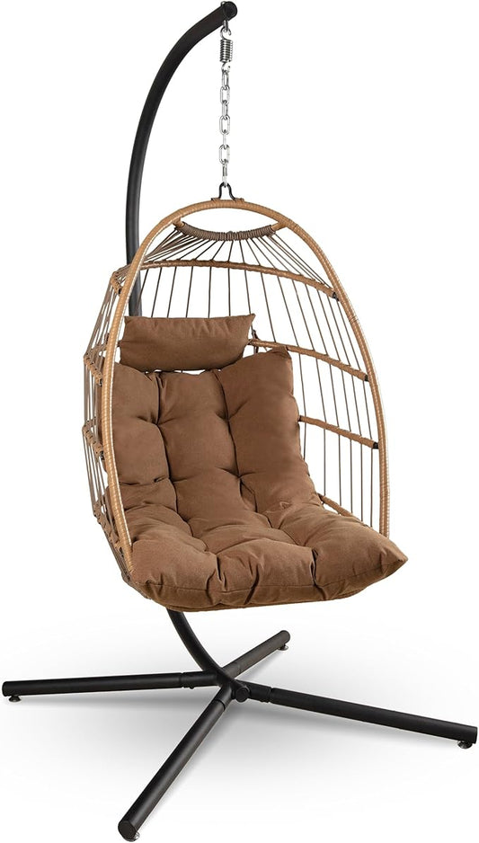 SereneLife Foldable Egg Chair with Stand – Hanging Rattan Wicker Swing for Indoor Outdoor Use – 350 lbs Capacity, Breathable Cushion & Headrest – Patio, Balcony, Porch, Bedroom Lounge Furniture