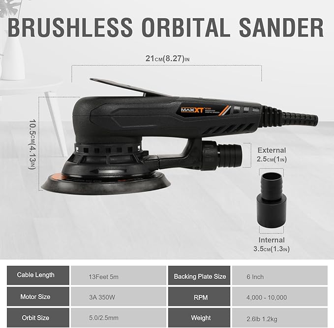 MAXXT Electric 5mm Random Orbital Sander, Brushless 350W 3A Palm Sander, Multi-function Variable Speed Electric Corded Orbital Sanders Machine with 6Inch Sanding Pad, 10 Sanding Paper for Woodworking