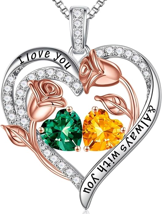 Iefil Christmas Gifts for Women Wife - 925 Sterling Silver Rose Heart Birthstone Necklace Birthday Anniversary Jewelry Gifts for Her Wife Mom Daughter