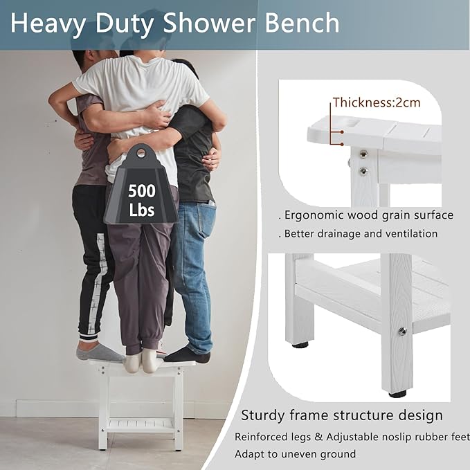 Shower Benches for Inside Shower to sit on，Waterproof Shower Bench,Shower Stool for Inside Shower,heav Duty Shower Chair for Shaving Legs, with Storage Shelf, Adjustable Feet（White）