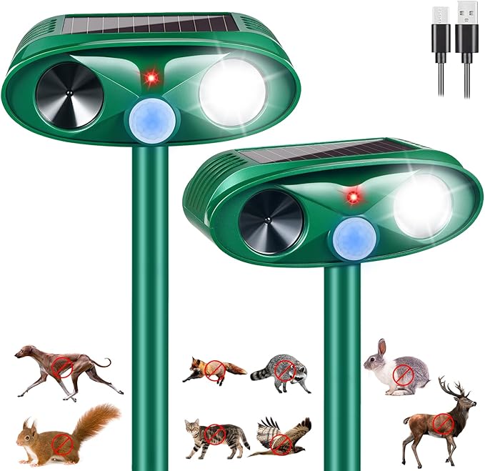 Upgraded Solar Deer Repellent Devices Ultrasonic Animal Repeller Outdoor with Motion Sensor & Flashing Light, Animal Deterrent Devices for Cat Squirrel Raccoon Dog Rabbit Skunk for Yard Garden, 2 Pack