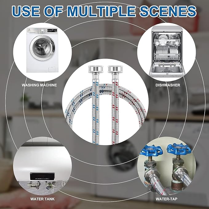 Stainless Steel Washing Machine Hoses 6ft,Stainless Steel Washing Machine Hose Hot and Cold Striped Water Connection(2Packs),Universal Fit for All Standard Wash Machines-by MIFLUS