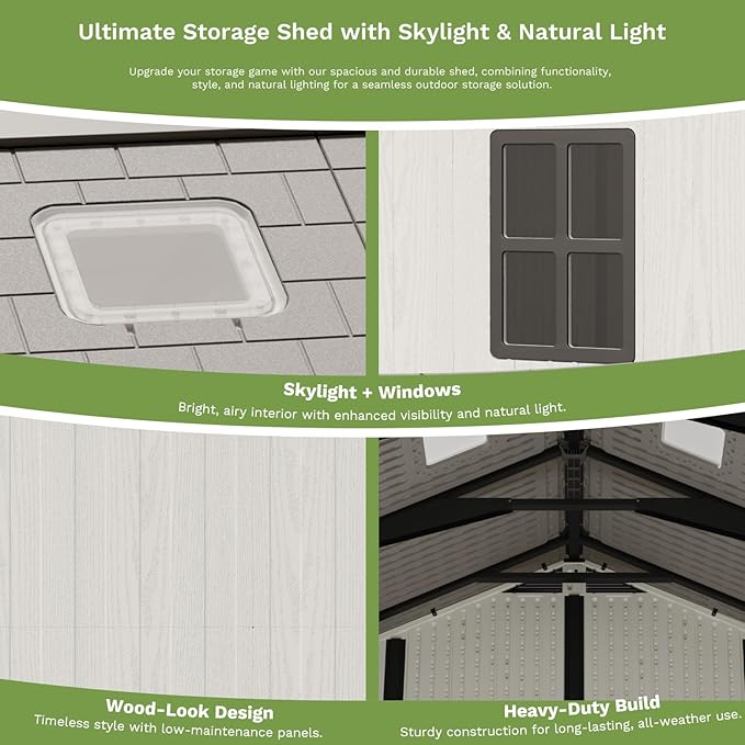 Patiowell 10x10 FT Outdoor Storage Shed, Plastic Shed with Floor and Skylight, Four-Window Resin Storage Shed with Lockable Door for Garden, Patio, Backyard, Beige