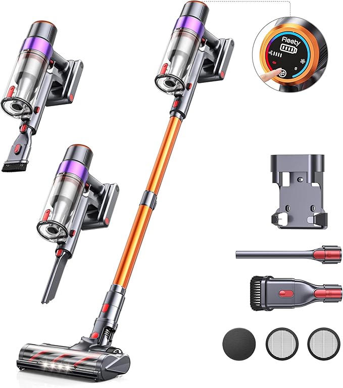 Fieety Cordless Vacuum Cleaner, 550W 45KPA 60Mins Cordless Stick Vacuum Cleaner with Rechargeable Battery, LED Touch Display, Handheld Vacuum Cleaners for Home/Pet Hair/Carpets/Floors