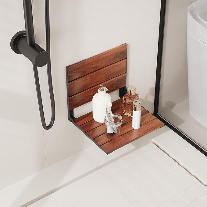 EROMMY Folding Shower Seat, 17.8" Wall Mounted Teak Shower Bench, Foldable Shower Chair for Inside Shower, Home Care Bathroom Safety Shower Chair for Elderly and Disabled, 400 lbs Capacity