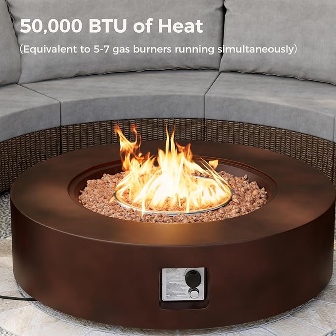 SUNBURY Outdoor 42 Inch Propane Fire Pit Table,Dark Brown Patio Fire Table 50,000 BTU w 20 lbs Tank Cover, Waterproof Cover, Free Lava Rocks
