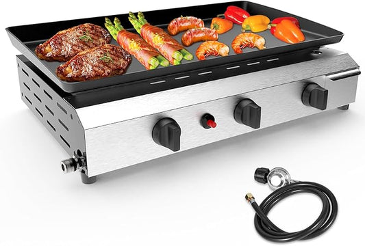 Llamaviva Flat Top Grill with 3 Burners -Auto Ignition Propane Portable GasGrill Premium Stainless Steel Body Tabletop Grill FlatGrills Outdoor Cooking Portable