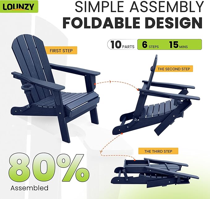 LOUNZY Folding Adirondack Chair, HDPE All-Weather Folding Patio Chair Chair with Cup Holders, Outdoor Patio Adirondack Chair for Deck Lawn Fire Pit, Navy