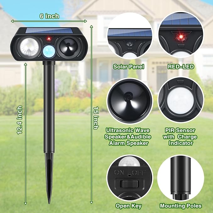 4Pack Ultrasonic Animal Repellent Outdoor Solar Animal Repeller witht Motion Sensor&LED Strober Ligh 2025 Cat Deterrent Outdoor Deer Repellent Device to Scare Fox Dog Skunk Rabbit Raccoon Squirrel