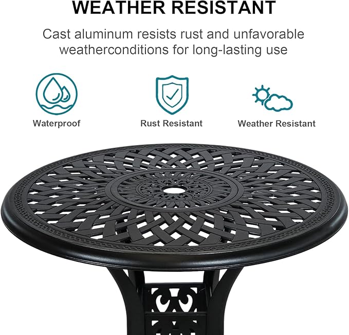 Outdoor Bistro Set 3 Piece, All Weather Bistro Table and Chairs Set, Cast Aluminum Patio Bistro Sets with 2.36" Umbrella Hole, Patio Furniture Set for Garden Porch