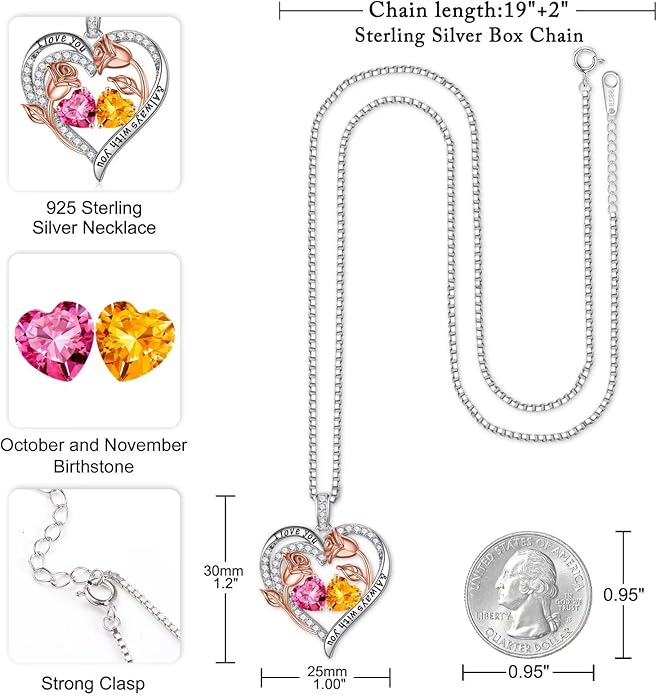 Iefil Christmas Gifts for Women Wife - 925 Sterling Silver Rose Heart Birthstone Necklace Birthday Anniversary Jewelry Gifts for Her Wife Mom Daughter