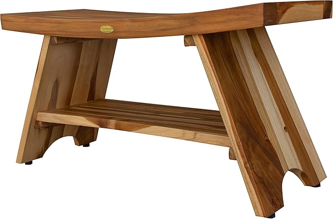 EcoDecors 35 Inch Serenity Teak Shower Bench – Waterproof Bathroom Seat with Large Storage Shelf For Adults & Seniors | Spa-Style Teak Wood Stool with Non-Slip Feet, Elegant Finish, 300 Pound Capacity