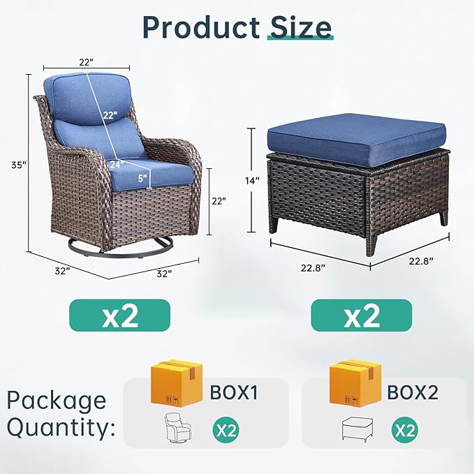 Outdoor Swivel Rocker Patio Chairs with 2 Ottomans - 5" Thick Cushion 4 Piece Furniture Set All Weather Comfortable Wicker Conversation Set for Porch Poolside and Deck - Brown/Blue
