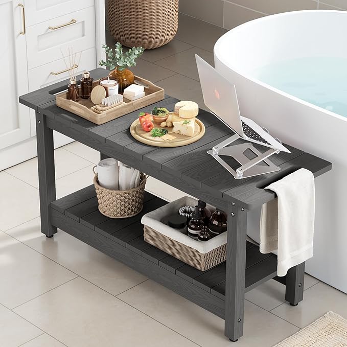 Stoog 35.5" Large Shower Bench, Waterproof Shower Stool with Storage Shelf and Handles, Adjustable and Non-Slip Feet, Shower Chair for Inside Shower, Grey