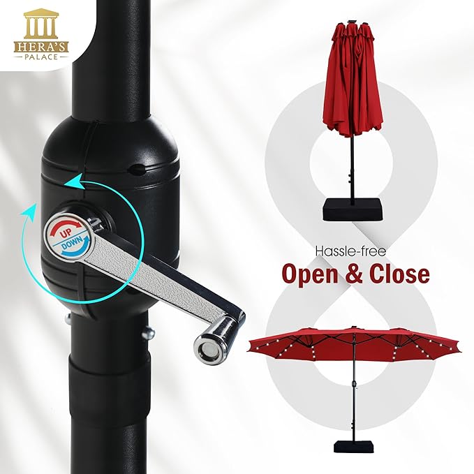 HERA'S PALACE 15ft Patio Umbrella with Base Included Double Sided Outdoor Umbrella for Patio Table Umbrella Outdoor 36 LED Solar Lights for Garden