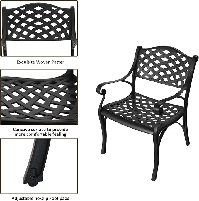 Cast Aluminum Patio Bistro Sets Outdoor Bistro Table and Chair Set of 2 with Umbrella Hole,Metal 3 Piece Patio Set All Weather Bistro Table Set for Garden,Black