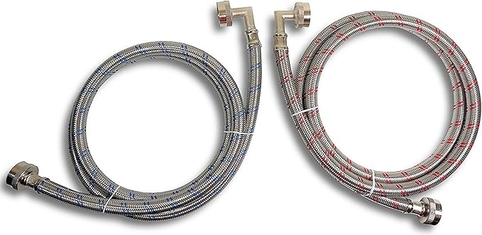 Premium Stainless Steel Washing Machine Hoses with 90 Degree Elbow, 10 Ft Burst Proof (2 Pack) Red and Blue Striped Water Connection Inlet Supply Lines