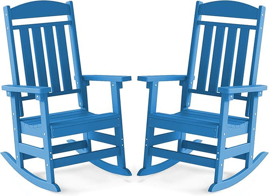 FOOWIN Outdoor Rocking Chair Set of 2, High Back Patio Rocking Chair, HDPE All Weather Resistant Porch Rocker for Adult, Oversized Rocking Chairs for Garden, Lawn, Indoor & Outdoor Use, Pacific Blue