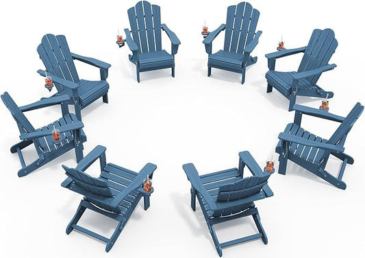 KINGYES Folding Adirondack Chair Set of 8, HDPE All-Weather Patio Chairs with Cup Holder, Wooden Textured Fire Pit Chairs for Poolside, Backyard, Deck, Navy