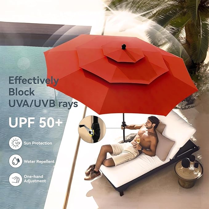 PHI VILLA 5 Piece Outdoor Dining Set with Umbrella for 4, Round Metal Steel Dining Table & Wicker Chairs with Cushions & Red Umbrella, Modern Furniture for Patio, Deck, Yard, Porch