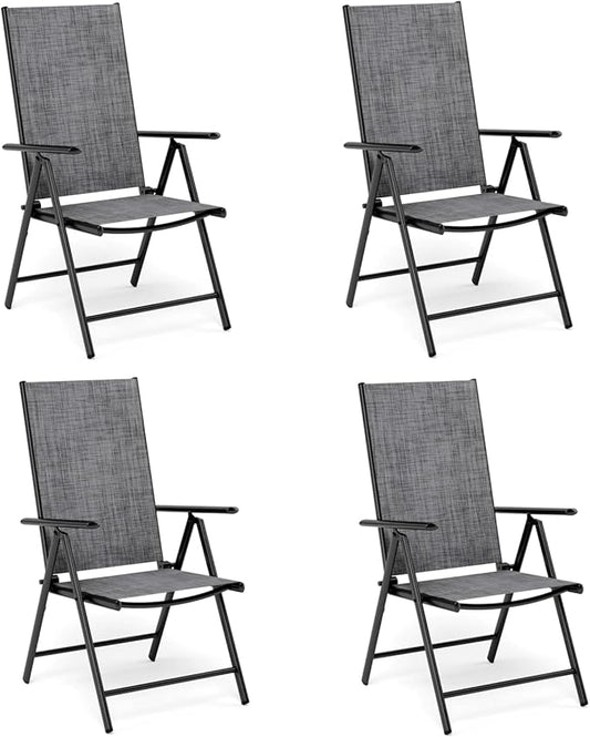 MFSTUDIO Patio Folding Chairs Set of 4, Outdoor Patio Dining Chairs, Portable Grey Sling Patio Chairs, 7 Levels Adjustable Sling Back Chairs for Backyard Lawn Garden