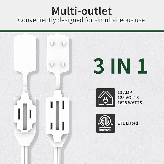 PLUGTUL 3-Pack Indoor Extension Cord (6/9/12FT), 2 Prong White Extension Cord, 3 Polarized Outlets with Safety Cap Protect for Home Office, 16/2 SPT-2 ETL Listed
