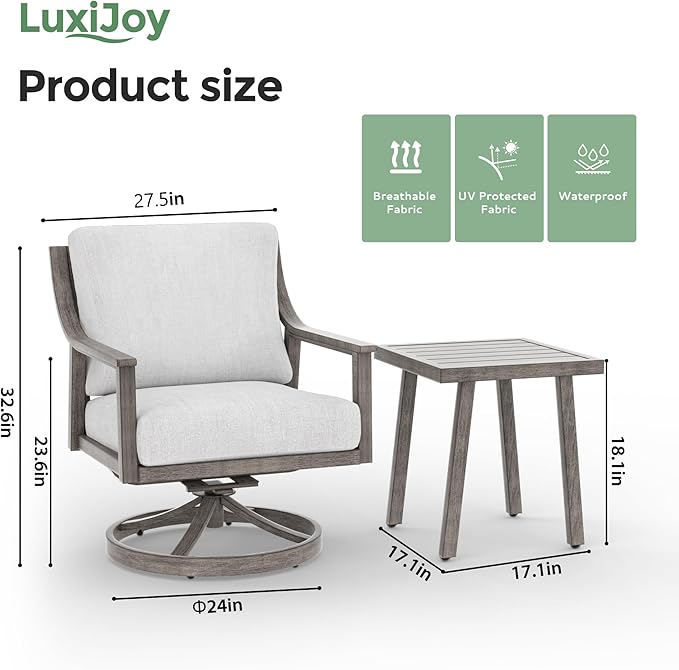 3-Piece Patio Conversation Bistro Sets, Outdoor Aluminum Bistro Sets with Thick Cushion, Modern Side Table and Swivel Chairs Set of 2, Rustproof and Waterproof for Porch Deck Garden, Grey